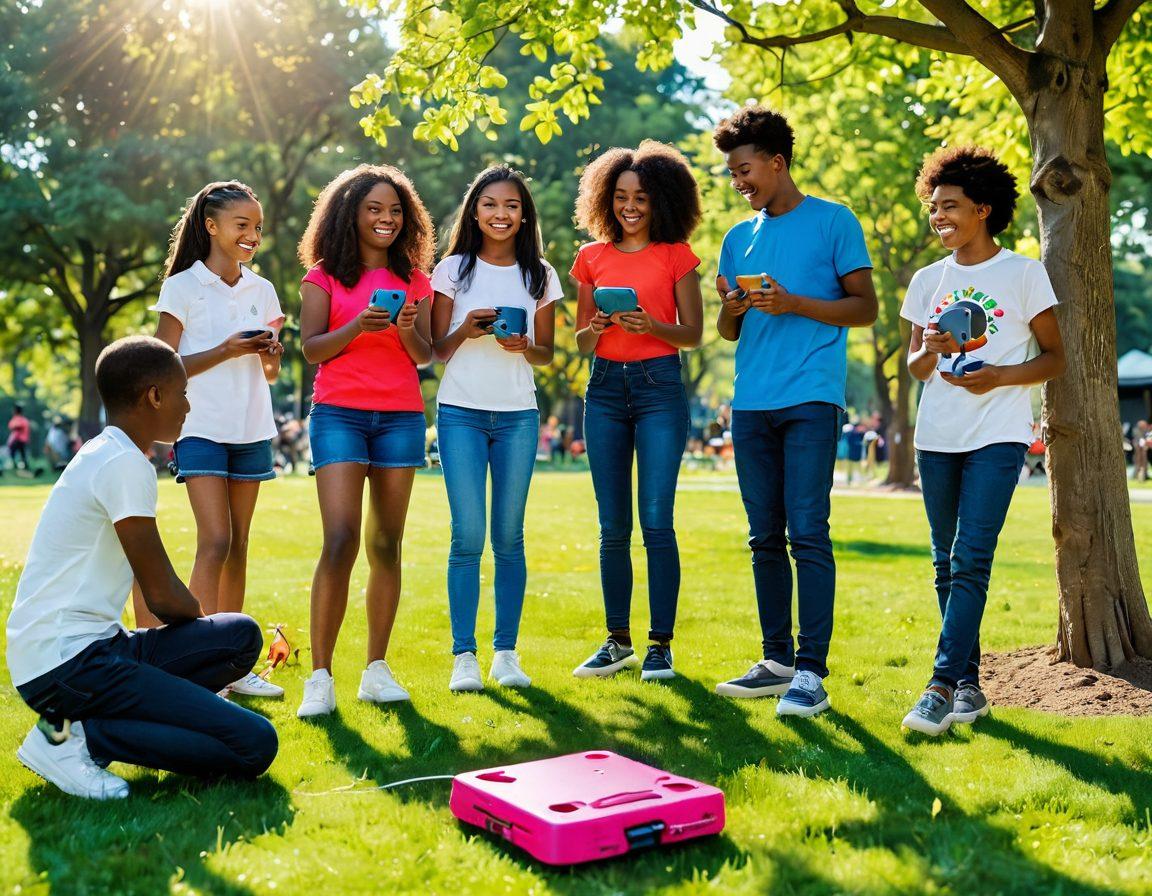 A dynamic scene showcasing a diverse group of enthusiastic teenagers enjoying a variety of modern toys, such as interactive games, drones, and creative building sets, in a vibrant park setting. Bright colors enhance the playful atmosphere, with sunlight filtering through trees and highlighting the excitement on their faces. Create a sense of movement and joy, illustrating engagement and camaraderie. vibrant colors. super-realistic. natural setting.