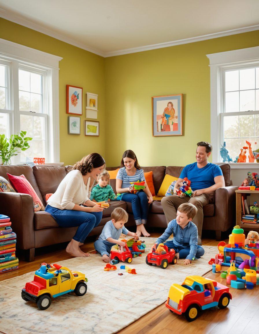 A cozy family scene with parents and children joyfully playing with a variety of colorful, engaging toys scattered around. Include a modern, inviting living room filled with natural light and playful decorations. The toys should represent different age groups, showcasing their diversity and appeal. Add cheerful expressions to emphasize the fun and bonding experience. The background should be warm and inviting. vibrant colors. super-realistic.