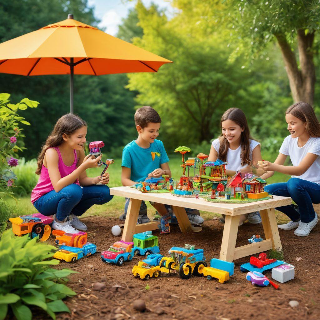 A colorful and playful scene showcasing a variety of innovative and educational toys designed for teenagers. Include diverse teens happily engaging with the toys in a bright outdoor setting, surrounded by nature. Highlight toys like STEM kits, interactive games, and arts & crafts materials. The atmosphere should radiate fun, learning, and youth engagement. vibrant colors. super-realistic.